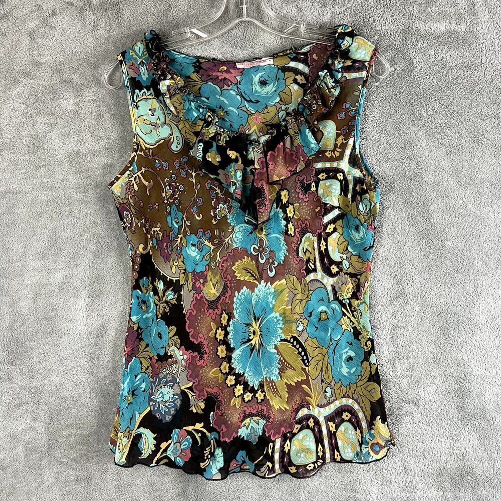 Vintage Y2K Top‎ Womens M Floral Paisley Mesh Ruffle Fairy Festival Boho